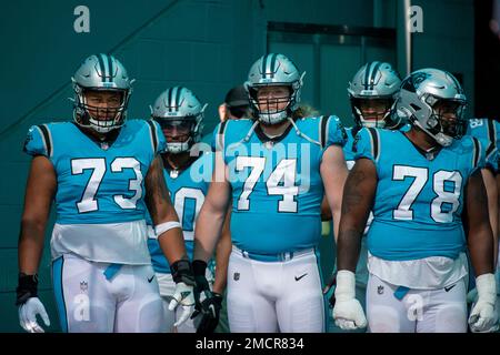 Carolina Panthers guard Michael Jordan (73) takes the field before an NFL  football game against the New York Giants on Sunday, Sept. 18, 2022, in  East Rutherford, N.J. (AP Photo/Adam Hunger Stock