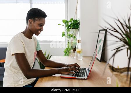 Young black woman working remotely at home using laptop computer Stock Photo