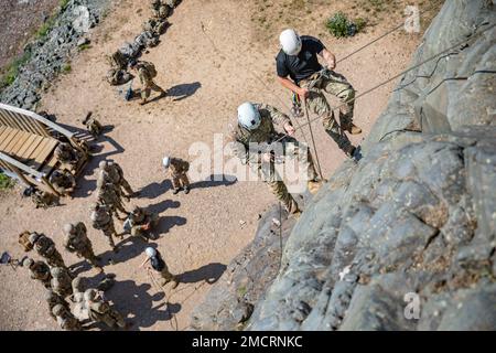 Mountaineering instructors from Northern Warfare Training Center Staff Sgts. Jordan Weeg, right, and Garrett Phillips, left, rappel down a rock face while 11th Airborne Division Soldiers watch from below during Advanced Military Mountaineering Course 8 July at Black Rapids Training Site. The purpose of the 14-day course is to train Soldiers on how to maneuver through mountainous terrain and then go back to their units and provide the techniques and procedures to get across the mountainous terrain of Alaska. (Photo provided by Staff Sgt. Christopher Dennis/ 11th Airborne Division Public Affairs Stock Photo