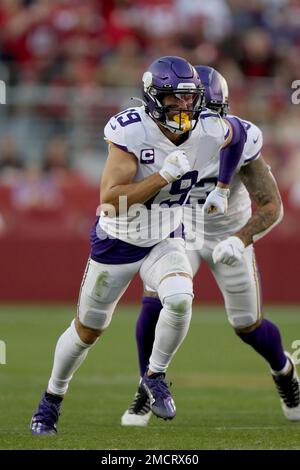 San Francisco 49ers cornerback Richard Sherman (25) breaks up a pass  intended for Minnesota Vikings wide receiver Adam Thielen (19) during an  NFL divisional playoff game, Saturday, Jan. 11, 2020, in Santa