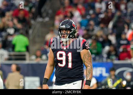 Houston Texans defensive tackle Roy Lopez (91) after an injury during the  second half of an NFL football game against the Cleveland Browns, Sunday,  Sept. 19, 2021, in Cleveland. (AP Photo/David Richard