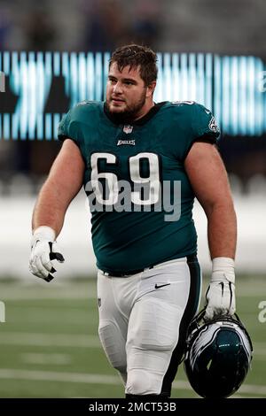 Philadelphia Eagles guard Landon Dickerson (69) reacts during the second  half of an NFL football game against the New England Patriots, Sunday,  Sept. 10, 2023, in Foxborough, Mass. (AP Photo/Greg M. Cooper