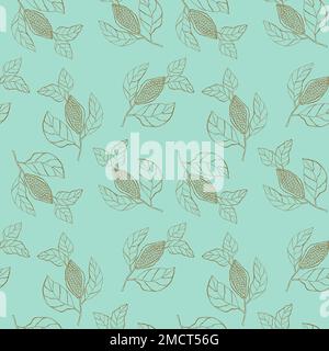 Cocoa bean doodle branch with grains and leaves pattern seamless blue with brown. Vector illustration Stock Vector