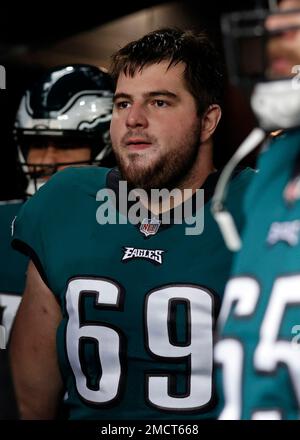 Philadelphia Eagles guard Landon Dickerson (69) reacts during the second  half of an NFL football game against the New England Patriots, Sunday,  Sept. 10, 2023, in Foxborough, Mass. (AP Photo/Greg M. Cooper