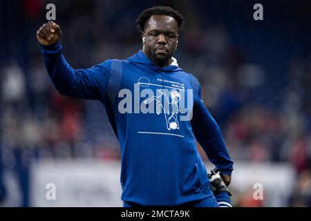 Indianapolis Colts defensive end Kwity Paye (51) rushes into the backfield  during an NFL football game against the New York Jets, Thursday, Nov. 4,  2021, in Indianapolis. (AP Photo/Zach Bolinger Stock Photo - Alamy