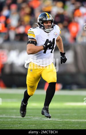 Pittsburgh, Pennsylvania, USA. 8th Jan, 2023. January 8th, 2023 Pittsburgh  Steelers fullback Derek Watt (44) celebrates after scoring a touchdown  during Pittsburgh Steelers vs Cleveland Browns in Pittsburgh, PA. Jake  Mysliwczyk/BMR (Credit