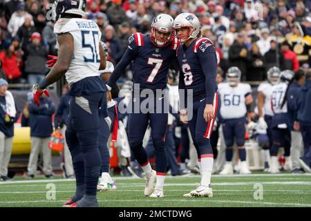 Baltimore Ravens place kicker Justin Tucker and holder Jordan Stout  celebrate Tucker's 56-yard field goal during an NFL football game against  the New England Patriots at Gillette Stadium, Sunday, Sunday, Sept. 24