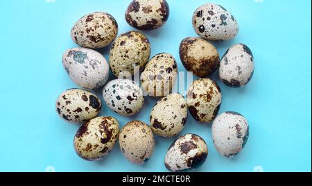 Top view of raw quail eggs. High protein rich food. Stock Photo