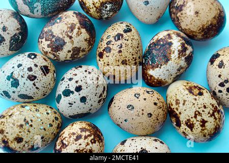 Top view of raw quail eggs. High protein rich food. Stock Photo