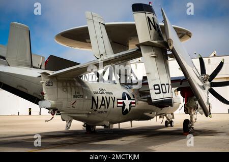 220713-N-KD414-0253 An E-2D Advanced Hawkeye, assigned to the “Black Eagles” of Carrier Airborne Early Warning Squadron (VAW) 113 , awaits flight operations onboard Point Mugu Jul. 09, 2022. NBVC is comprised of three distinct facilities: Point Mugu, Port Hueneme, and San Nicolas Island. It is the largest employer in Ventura County and actively protects California’s largest coastal wetlands through its award winning environmental programs. Stock Photo