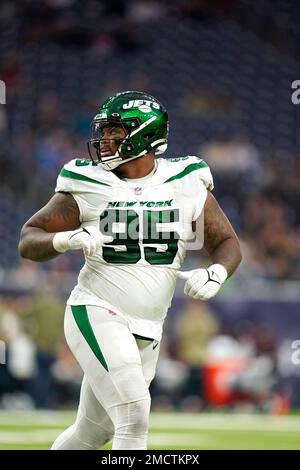 New York Jets' defensive tackle Quinnen Williams, 95, take part in an NFL  practice session at Hanbury Manor Marriott Hotel and Country Club near the  town of Ware in south east England