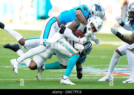 Carolina Panthers safety Jeremy Chinn (21) gets set during an NFL football  game against the Seattle