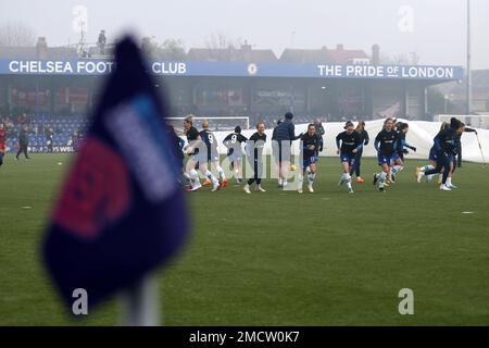 London, UK. 22nd Jan, 2023. London, January 22nd 2023: Chelsea team out to warm up in foggy conditions during the Barclays FA Womens Super League game between Chelsea and Liverpool at Kingsmeadow, London, England. (Pedro Soares/SPP) Credit: SPP Sport Press Photo. /Alamy Live News Stock Photo