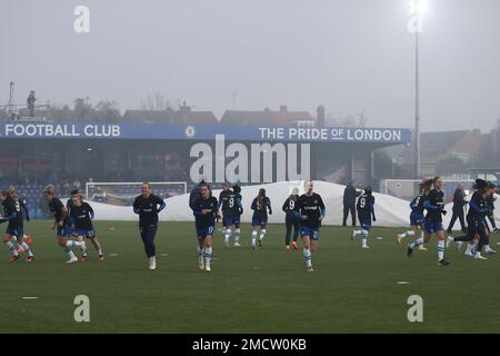 London, UK. 22nd Jan, 2023. London, January 22nd 2023: Chelsea Team warm up during the Barclays FA Womens Super League game between Chelsea and Liverpool at Kingsmeadow, London, England. (Pedro Soares/SPP) Credit: SPP Sport Press Photo. /Alamy Live News Stock Photo