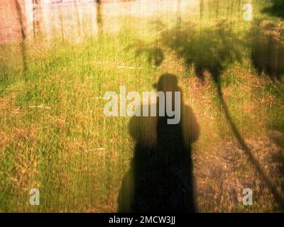 Intentional camera movement of  a human and trees shadows captured in a forest near the colonial town of Villa de Leyva in central Colombia. Stock Photo