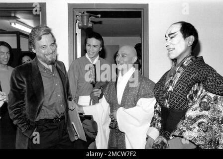 FILE - Composer-lyricist Stephen Sondheim, left, is shown with cast members of 'Pacific Overtures' after the closing performance of the revival musical at New York's Church of the Heavenly Rest at York Theater, Sunday, April 14, 1984. The actors are, from left, Kevin Gray, Ernest Ababa, and Tony Marino. Sondheim, the songwriter who reshaped the American musical theater in the second half of the 20th century, has died at age 91. Sondheim's death was announced by his Texas-based attorney, Rick Pappas, who told The New York Times the composer died Friday, Nov. 26, 2021, at his home in Roxbury, Co