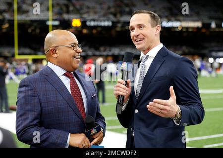 NBC Sports commentators Mike Tirico and former New Orleans Saints  quarterback Drew Brees broadcast from the