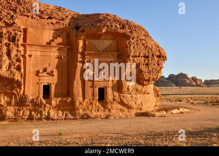 Nabataean tombs at Djabal Al-Ahmar, Hegra or Mada'in Salih, AlUla region, Medina province, Saudi Arabia, Arabian Peninsula Stock Photo