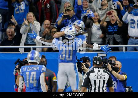 Detroit Lions' T.J. Hockenson celebrates his touchdown catch with Trinity  Benson (17) during the first half of an NFL football game Monday, Sept. 20,  2021, in Green Bay, Wis. (AP Photo/Morry Gash