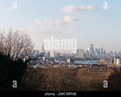 View from Greenwich Park over The River Thames with modern buildings including The Shard in the distance. London England. Stock Photo