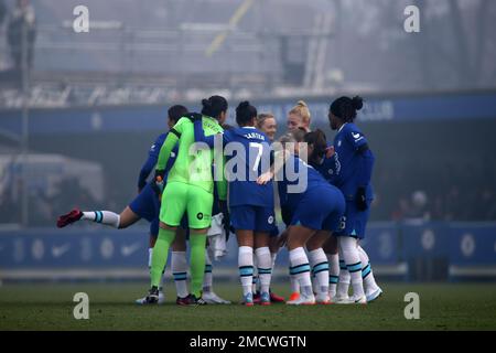 London, UK. 22nd Jan, 2023. London, January 22nd 2023: Chelsea team huddle during the Barclays FA Womens Super League game between Chelsea and Liverpool at Kingsmeadow, London, England. (Pedro Soares/SPP) Credit: SPP Sport Press Photo. /Alamy Live News Stock Photo