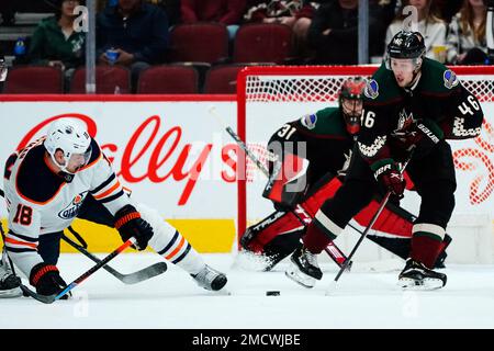 Arizona Coyotes defenseman Ilya Lyubushkin (46) in the first