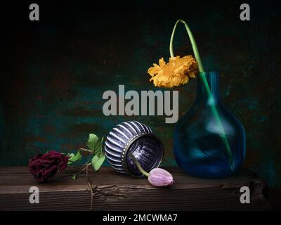 Theme Life and Death, Yellow dried flower in glass vase next to withered rose and tulip blossom, still life, studio shot, symbol photo Stock Photo