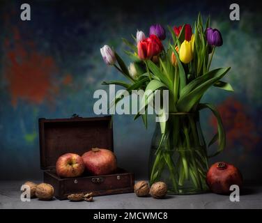 Still life with colourful bouquet of tulips in glass vase next to nuts, apple and pomegranate in wooden box, studio shot, symbol photo Stock Photo