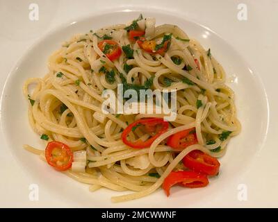 Plate of spaghetti aglio, olio e peperoncino, with garlic, oil and chilli, Baden-Wuerttemberg, Germany Stock Photo