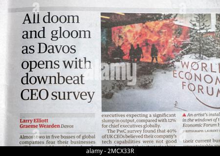 'All doom and gloom as Davos opens with downbeat CEO survey' Guardian newspaper headline World Economic Forum article cutting January 2023 London UK Stock Photo