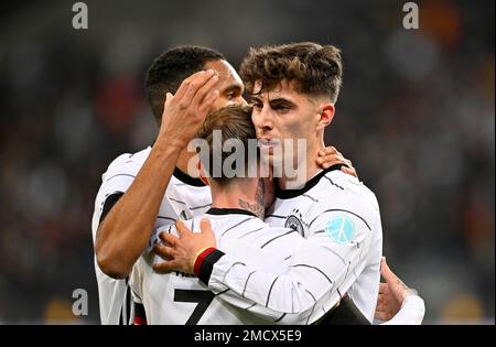 Goal celebration with Kai Havertz GER, Jonathan Tah GER, David Raum GER, international match, PreZero Arena, Sinsheim, Baden-Wuerttemberg, Germany Stock Photo