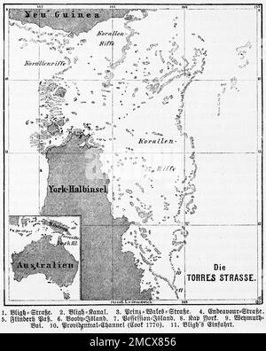 Map, 17th century, Torres Strait, South Seas, Australia, New Guinea, coral reefs, grid of degrees, historical illustration 1885 Stock Photo