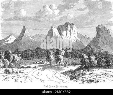 Juan Fernandez, archipelago, southern Pacific, mountain landscape, forest, tents, historical illustration 1885, Chile Stock Photo