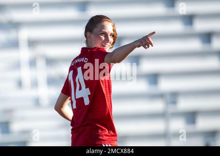 Germany’s OR-4 Sonja Bartoshek reacts to scoring her first of two goals during the second round of opening night for the  13th CISM (International Military Sports Council) World Military Women’s Football Championship in Meade, Washington July 11, 2022.  Germany beat Ireland 3-0. (DoD photo by EJ Hersom) Stock Photo