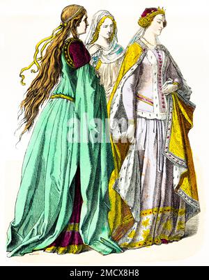 Muenchener Bilderbogen, costumes, 14th century, German castle woman and ...