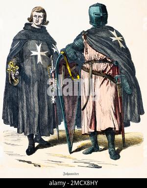 Munich picture sheet, costumes, 12th and 13th century, Order of Saint John, sword, shield, helmet, robes, portrait, historical illustration 1890 Stock Photo