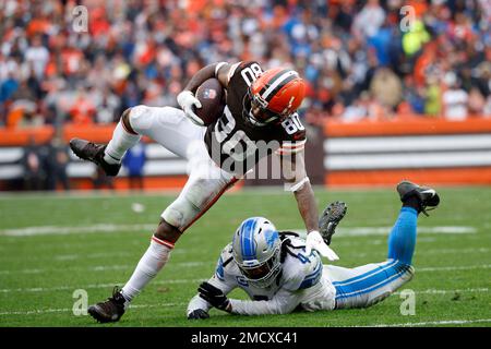 Cleveland Browns wide receiver Jarvis Landry (80) is tackled by Detroit  Lions linebacker Jalen Reeves-Maybin (44) during an NFL football game,  Sunday, Nov. 21, 2021, in Cleveland. (AP Photo/Kirk Irwin Stock Photo -  Alamy