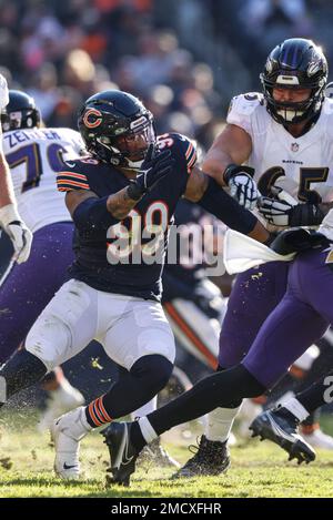 CHICAGO, IL - NOVEMBER 21: Chicago Bears outside linebacker Trevis Gipson ( 99) celebrates after a play during a game between the Chicago Bears and the  Baltimore Ravens on November 21, 2021 at