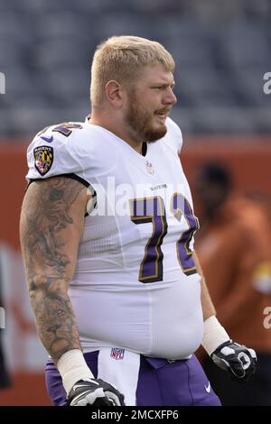 Baltimore Ravens guard Ben Powers (72) in action during the first