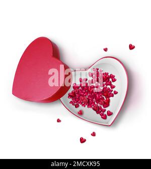 Open heart shaped gift box with red hearts on white background. Design for Valentine's Day. Stock Photo