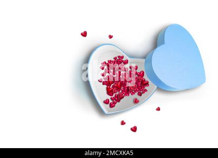 Open heart shaped gift box with red hearts on white background. Design for Valentine's Day. Stock Photo