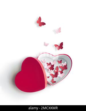 Open heart shaped gift box with colored butterfly on white background. Design for Valentine's Day. Stock Photo