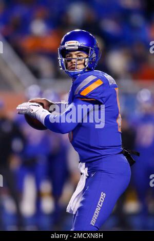 Boise State quarterback Hank Bachmeier (19) looks down field against New  Mexico during the first half of an NCAA college football game Saturday,  Nov. 20, 2021, in Boise, Idaho. Boise State won