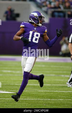 MINNEAPOLIS, MN - DECEMBER 04: Minnesota Vikings wide receiver Justin  Jefferson (18) lines up for a play during the NFL game between the New York  Jets and the Minnesota Vikings on December