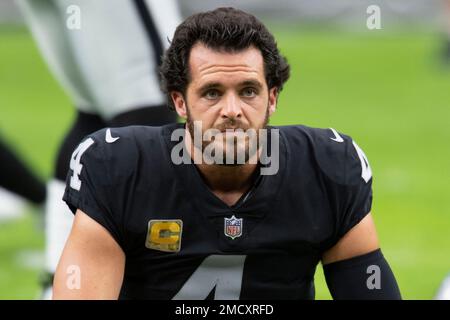 Raiders quarterback Derek Carr's (4) helmet shows the addition of the  initials 'J …