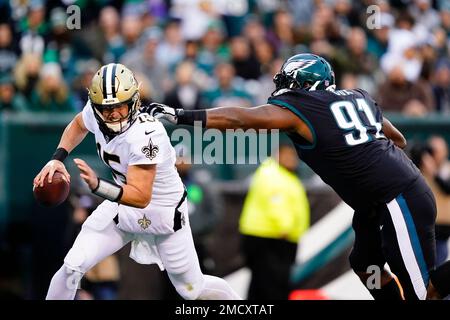 New Orleans, United States. 07th Nov, 2021. Atlanta Falcons linebacker  Deion Jones (45) flushes New Orleans Saints quarterback Trevor Siemian (15)  out of the pocket at the Caesars Superdome in New Orleans