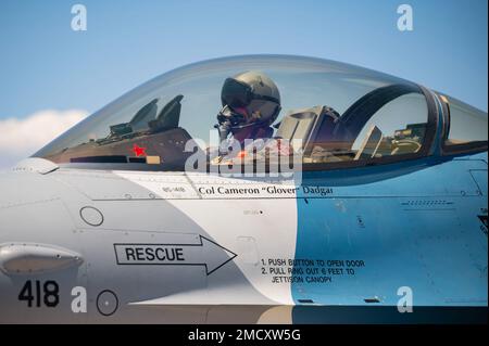 Maj. Paul Hollrith, pilot assigned to the 706th Fighter Squadron, performs pre-flight inspections prior to participating in a Red Flag-Nellis 22-3 mission at Nellis Air Force Base, Nevada, July 11,2022. During RF-N 22-3 the aggressor nation refines threat replication, applies advanced threats and jamming capabilities and increases threat capabilities to maximize training in non-permissive environments. Stock Photo