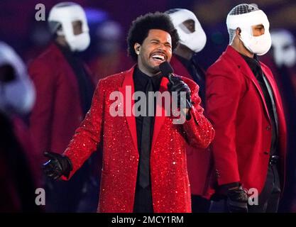 FILE - The Weeknd performs during the halftime show of the NFL Super Bowl  55 football game between the Kansas City Chiefs and Tampa Bay Buccaneers in  Tampa, Fla. on Feb. 7