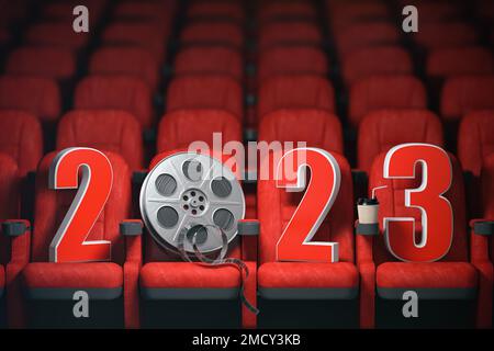 Happy new 2023 year in cinema red seats. 2023 cinema and movie season concept. 3d illustration Stock Photo