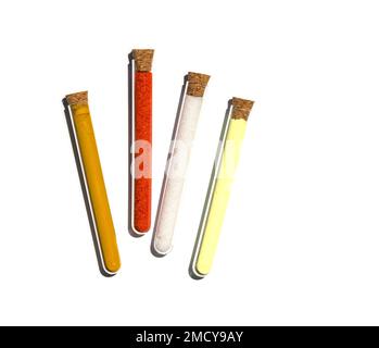 Organic Curcuma Powder,  Potassium Ferricyanide, Di-Ammonium Phosphate and Sulfur Powder in test tube with cork cap. Cosmetic chemicals ingredient on Stock Photo